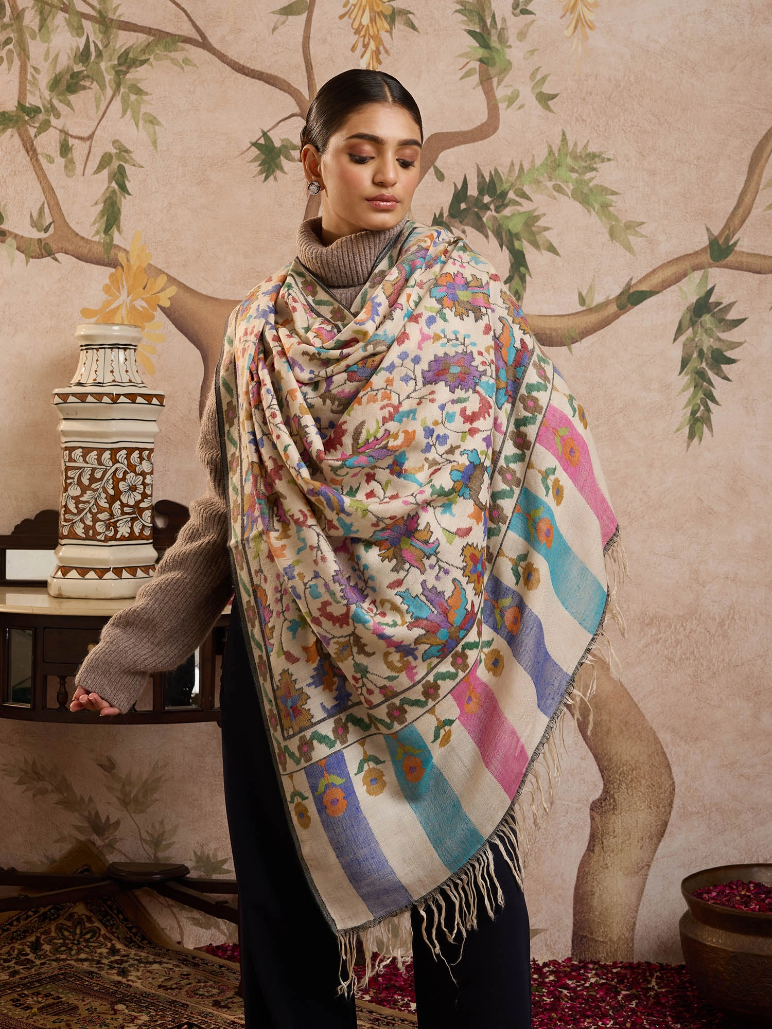 Gulsara Handloom Kani Pashmina Shawl - Milk, Multi - KCS Kashmir 
