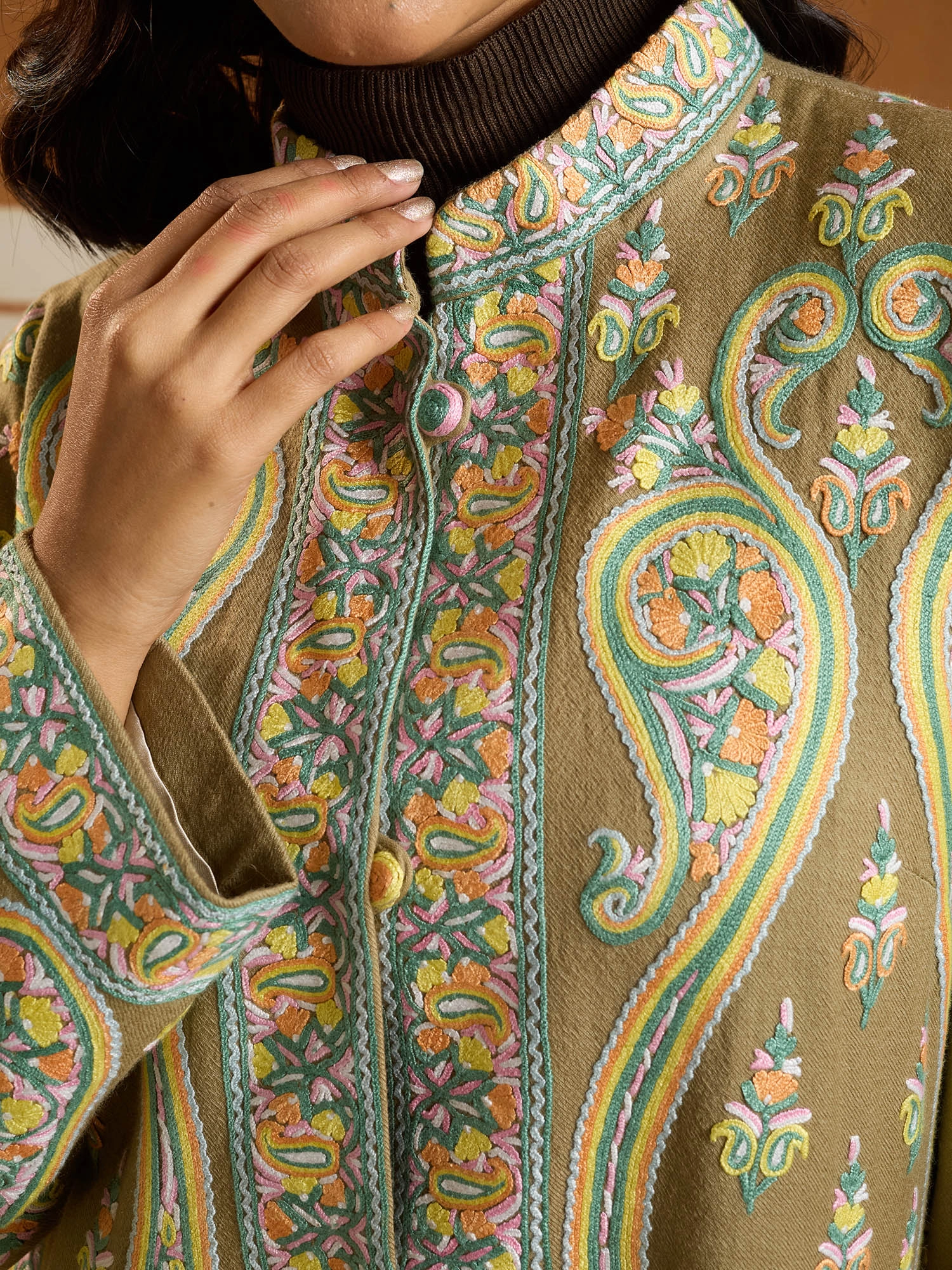 Long Paisley Ari Hand Emb Jacket – Khaki, Multi [48] - KCS Kashmir