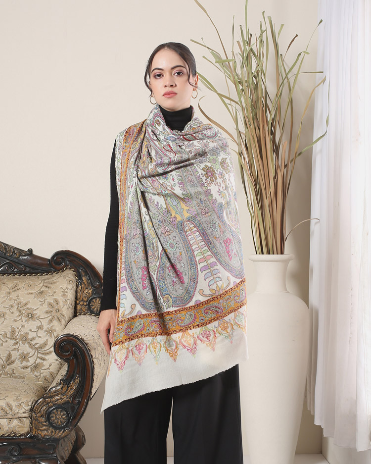 ImageKalamkari Paisleykaar Wool Shawl – Ivory, Multi