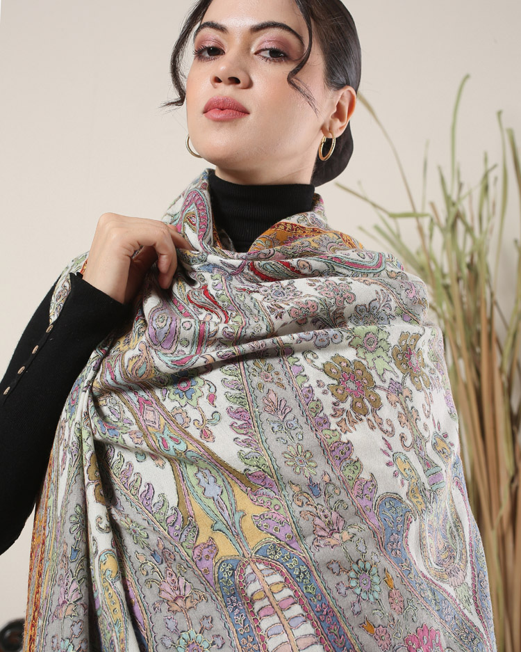 ImageKalamkari Paisleykaar Wool Shawl – Ivory, Multi