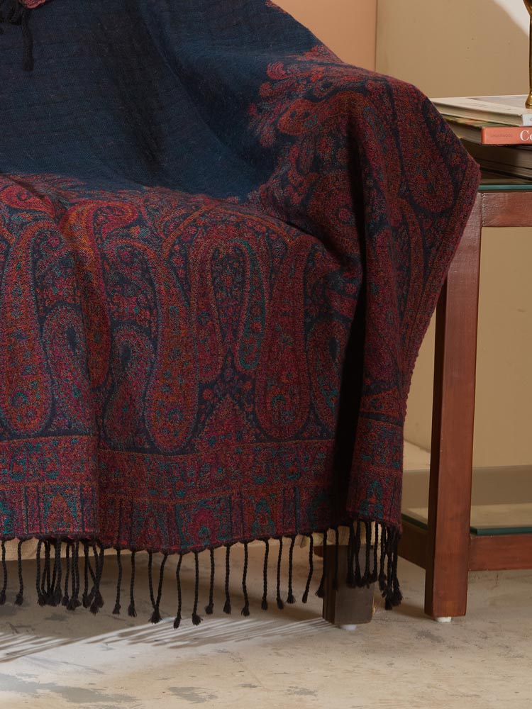 Ethereal Paisley Border Wool Throw - Crimson, Navy