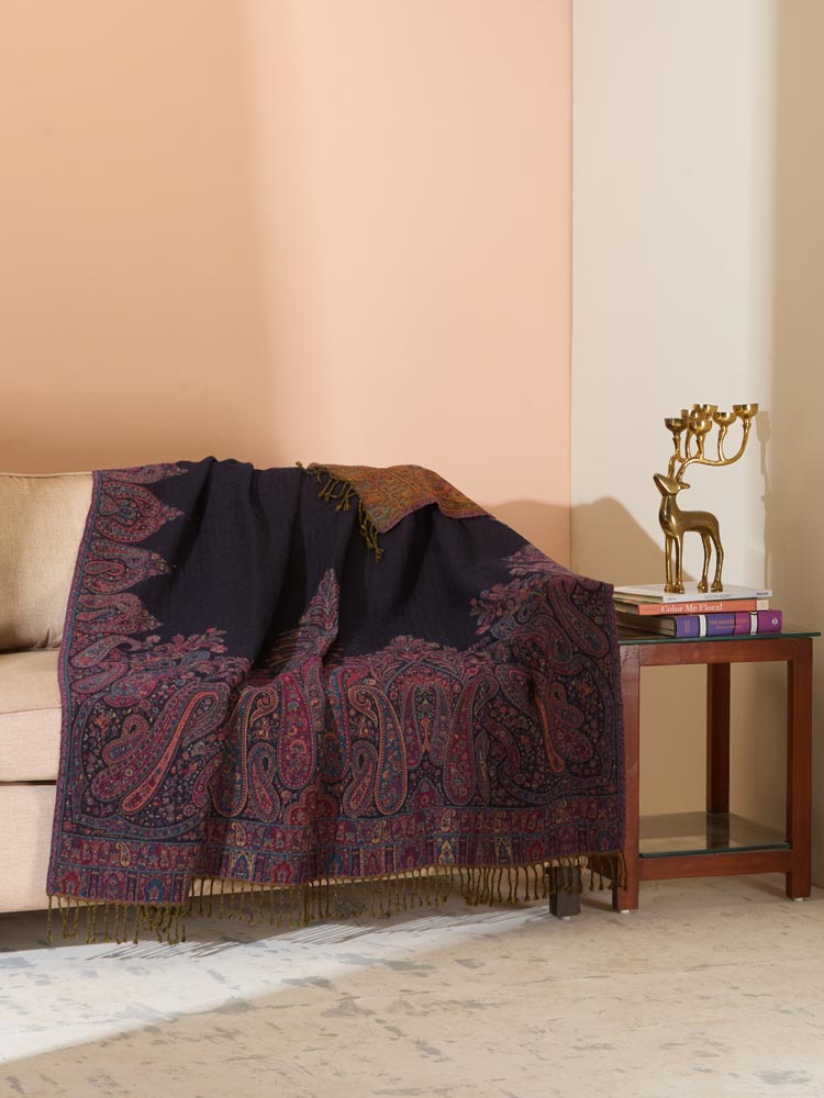 Ethereal Paisley Border Wool Throw - Navy, Multi