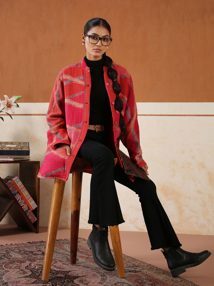 Ikat Katha Merino Wool Jacket - Fuchsia Pink