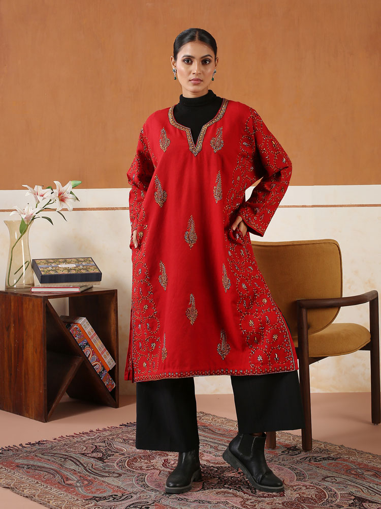 Shafaq Sozni Wool Hand Emb Phiran - Oxblood Red