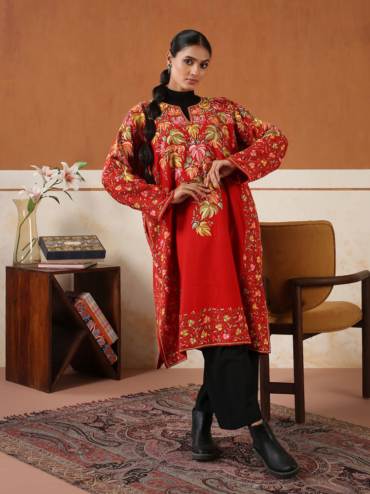 Chinar Jaal Ari Wool Hand Emb Phiran - Barn Red