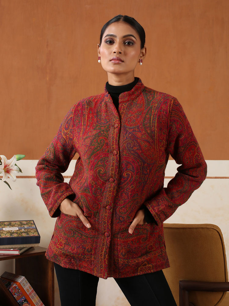 Almond Paisley Merino Wool Jacket - Maroon & Olive