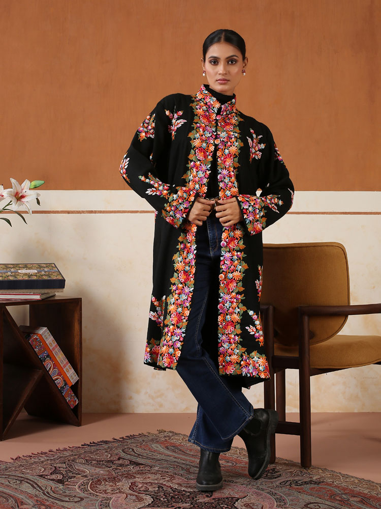 Rang-e-Shabnam Ari Hand Emb Wool Jacket - Multi, Black [48]