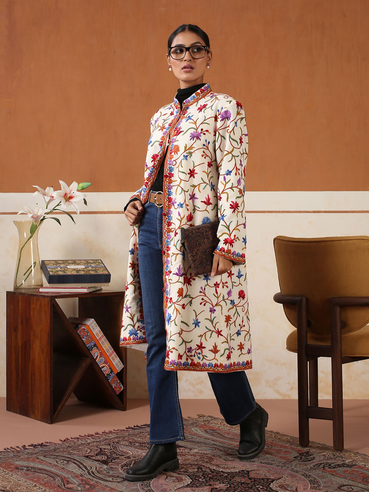Noor-e-Guldaan Ari Hand Emb Wool Jacket - Multi, Ivory [44]