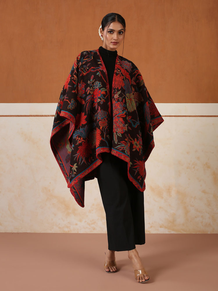 Jardin des Ailes Wool Ruana Cape - Multi, Black