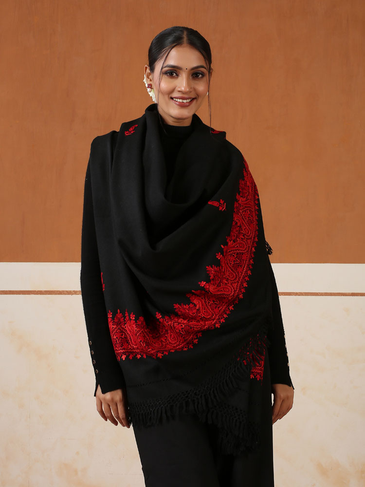 Pure Wool Ari Embroidery Palledaar Shawl – Red & Black