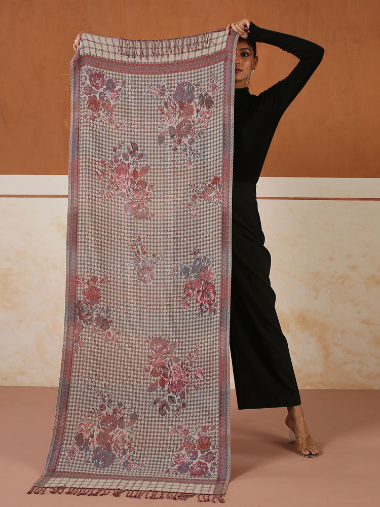 Florals on Gingham Wool Blend Stole - Beige, Multi