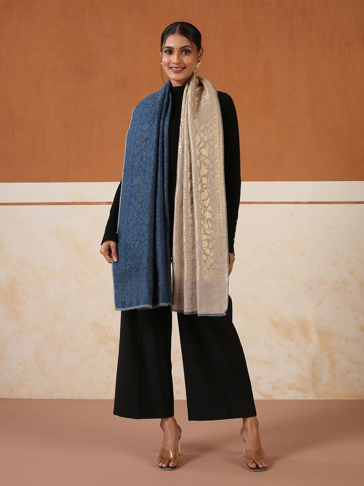 Zari Wool Dorukha Jaaldar Shawl – Indigo, Gold