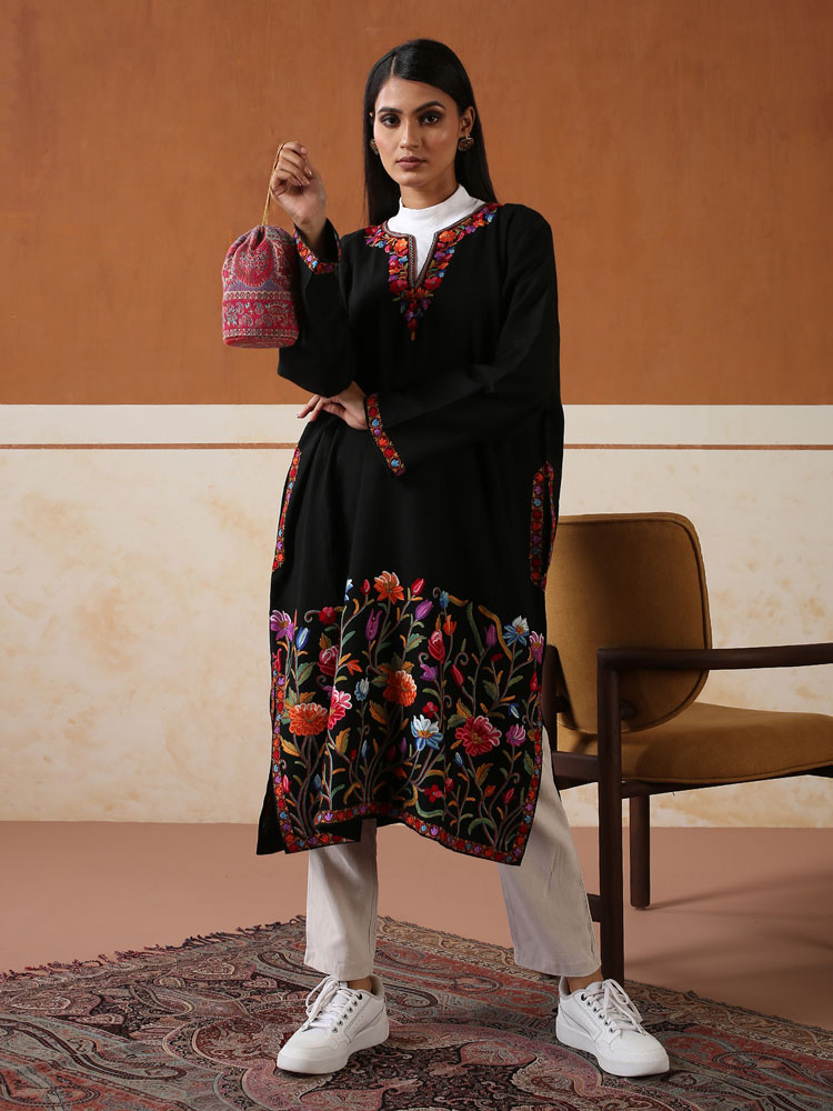 Gulrosh Ari Hand Emb Wool Phiran - Multi, Black