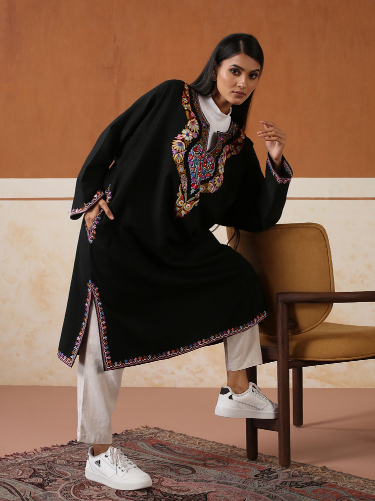 Sumbul Ari Hand Emb Wool Phiran - Multi, Black