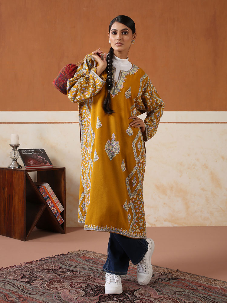 Ambara Buteh Wool Phiran - Saffron Gold
