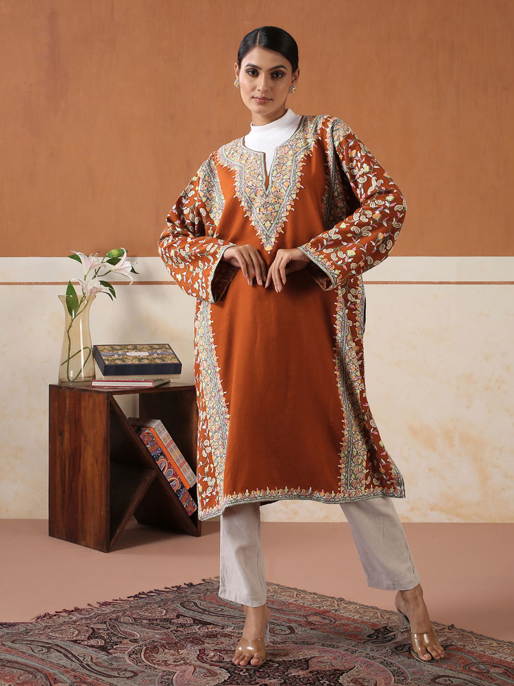 Bajoo Jaal Ari Hand Emb Phiran - Ranikhet Rust