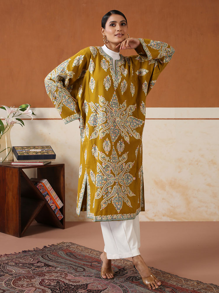 Zimal Paisley Hand Emb Wool Phiran - Sunstone Mustard