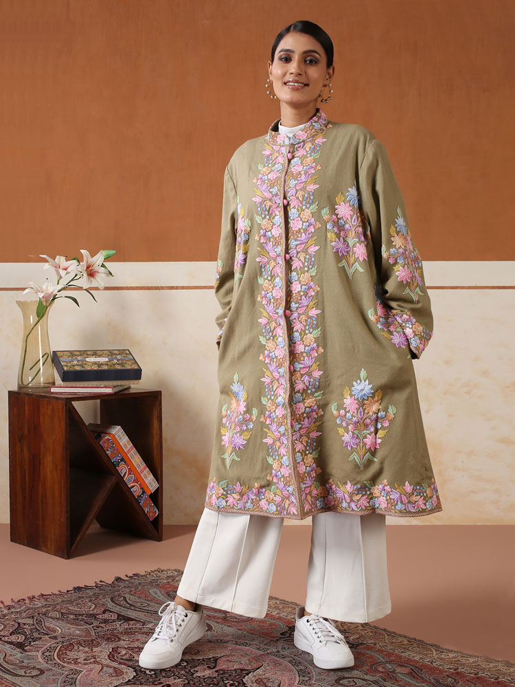 Gul Kaar Ari Hand Emb Wool Jacket - Sandstone, Multi [50]