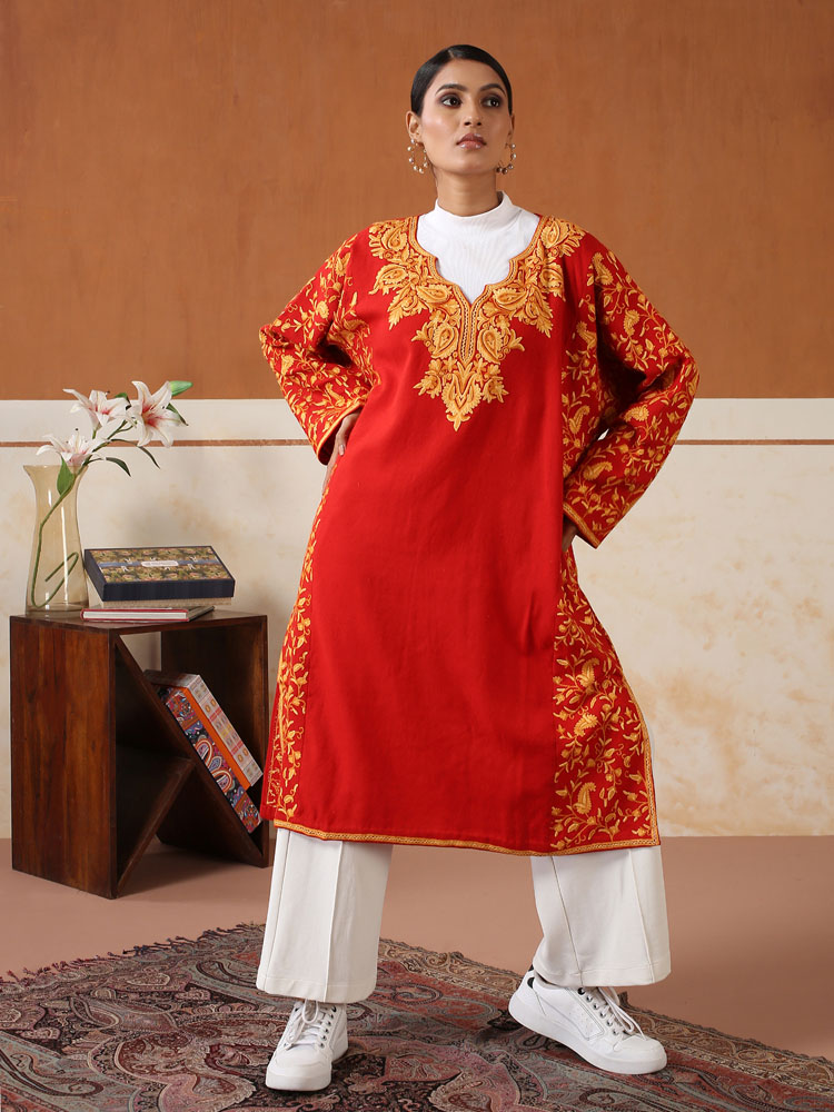 Laraib Paisley Ari Wool Phiran - Scarlet & Saffron