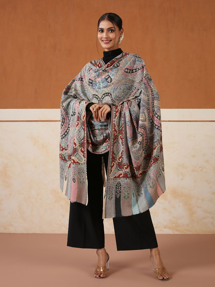 Mehka Buta Kalamkari Wool Shawl - Slate, Multi