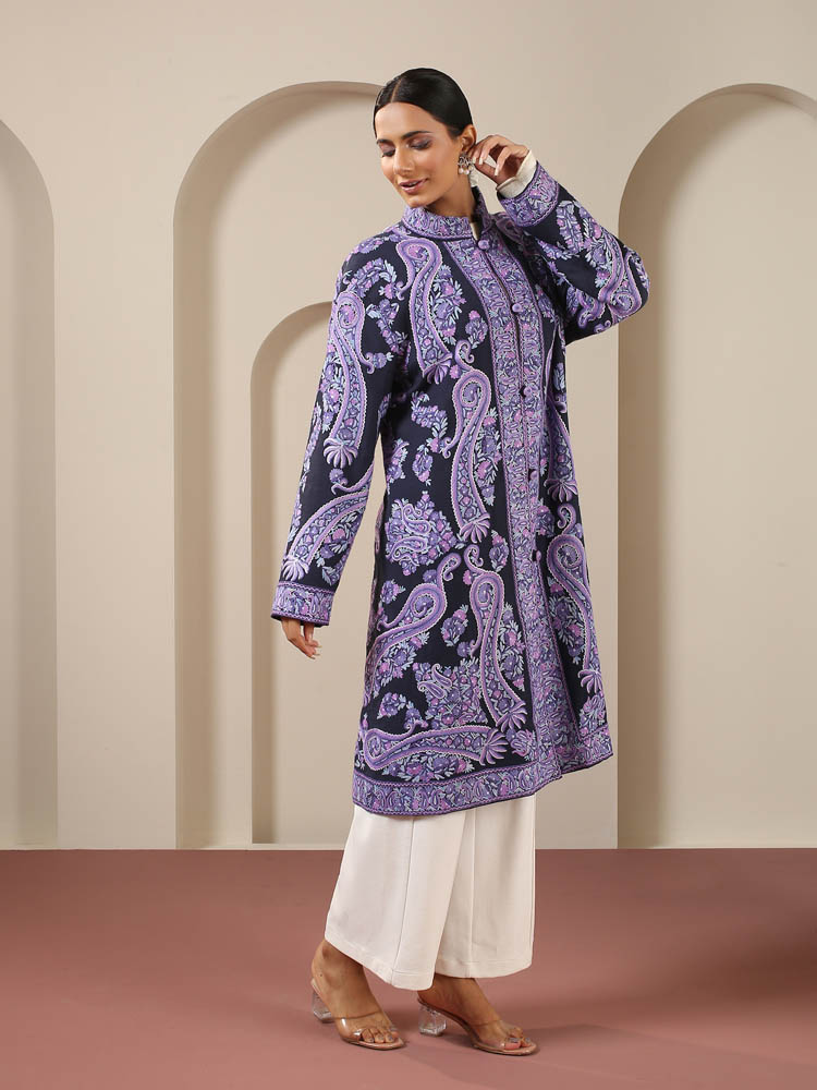 Long Paisley Ari Hand Emb Jacket - Orchid, Navy