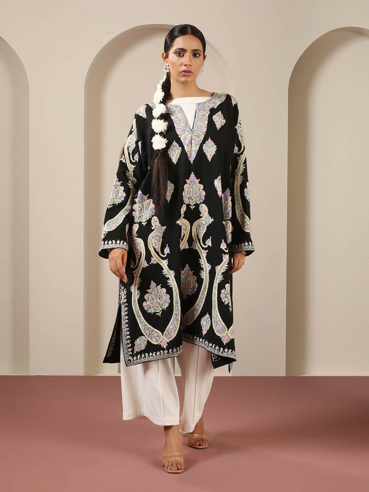Bada Ambi Palla Hand Emb Wool Phiran - Pastel, Black