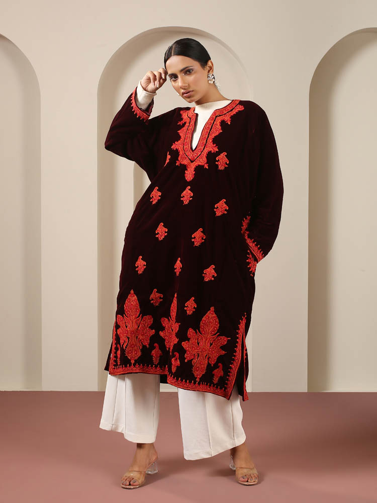 Ambi Buteh Velvet Hand Emb Phiran - Burgundy, Red