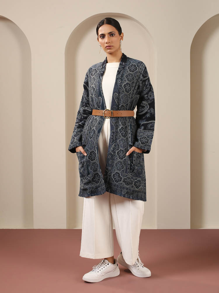 Floral Paisley Merino Wool Kimono - Neelam Navy