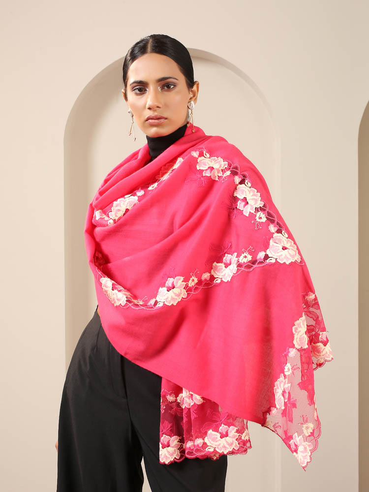 Floral French Lace Lux Wool Stole - Fuchsia Pink