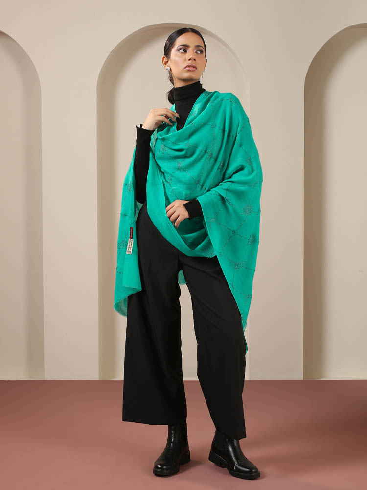 Crystals Flora Pure Pashmina Lux Stole - Sea Green
