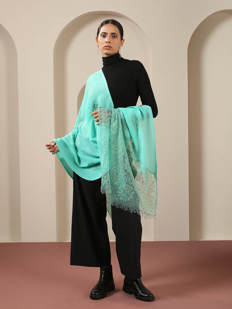 Floral French Lace Lux Wool Stole - Aqua Blue