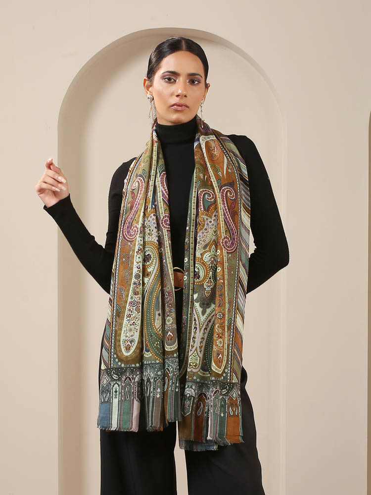 Vasudha Paisley Wool Stole - Espresso Green