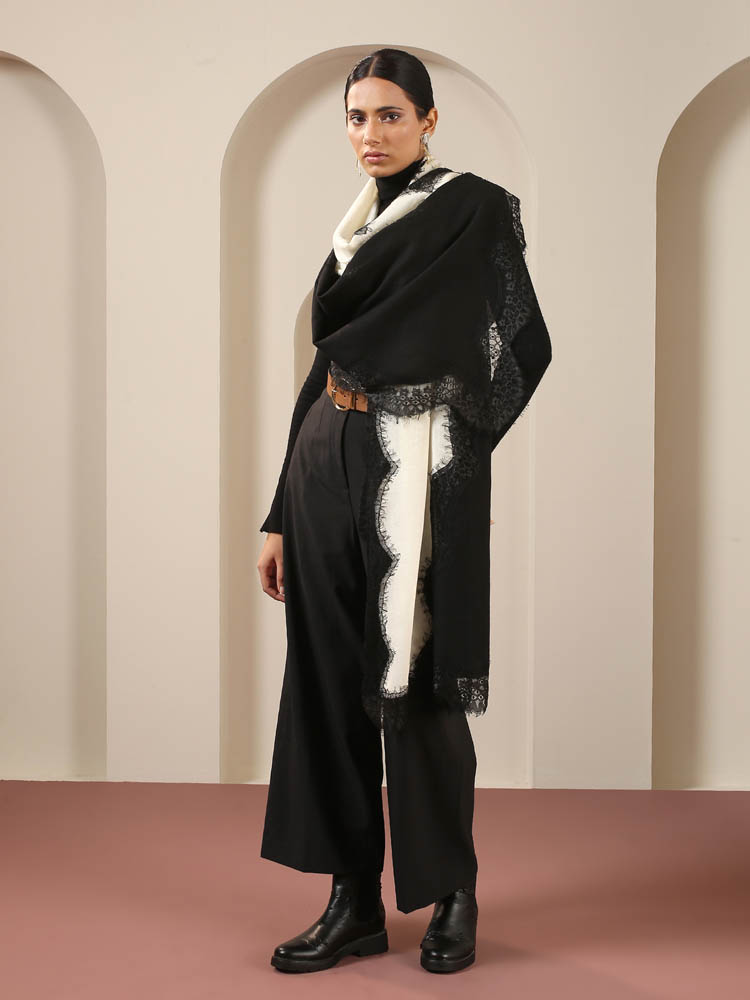 Floral French Lace  Lux Wool Stole - Monochrome Black & White