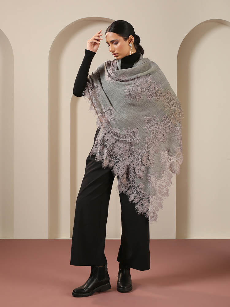 Floral French Lace Lux Wool Stole - Melange Grey