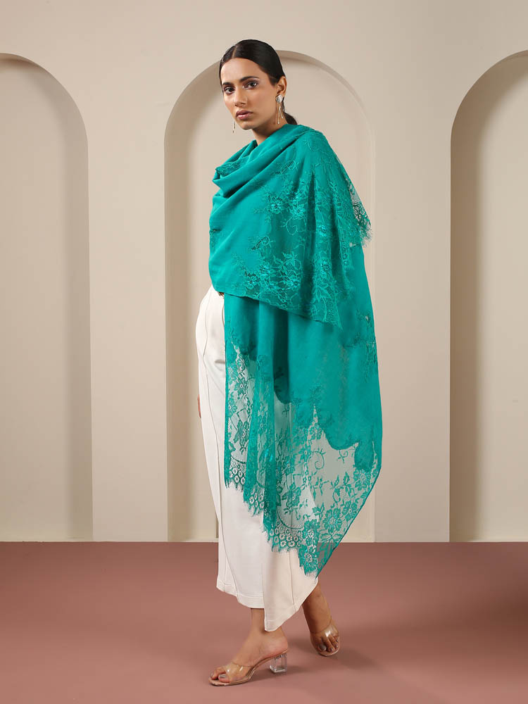 Floral French Lace Lux Wool Stole - Angel Blue