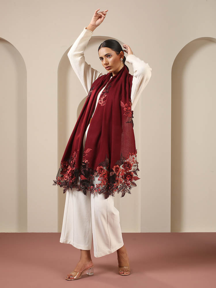 Floral Lace & Embroidery Lux Stole - Russet Red