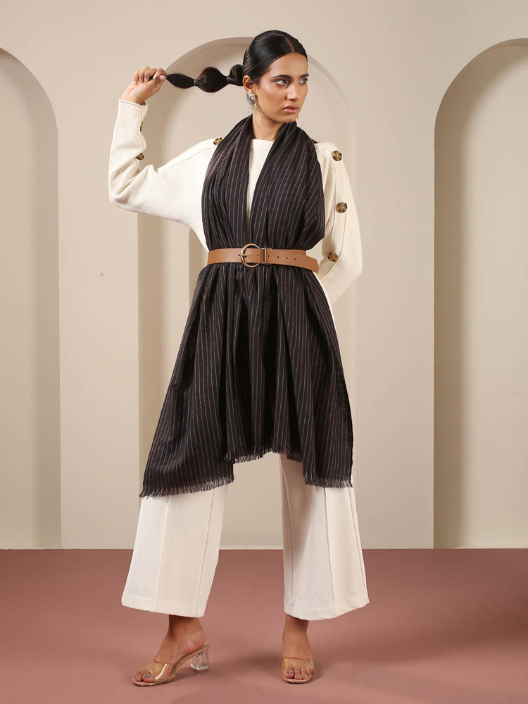 Classic Stripes Handloom Pashmina Stole/ Shawl - Black & White