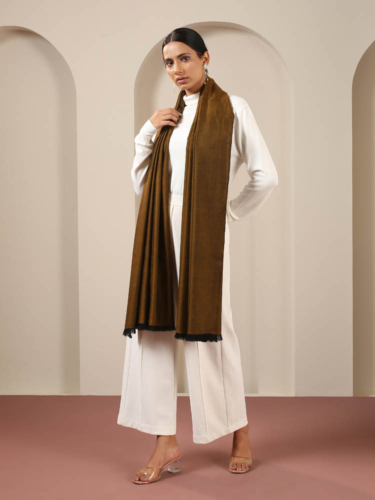Handloom Pashmina Shawl Fishbone Weave - Mustard