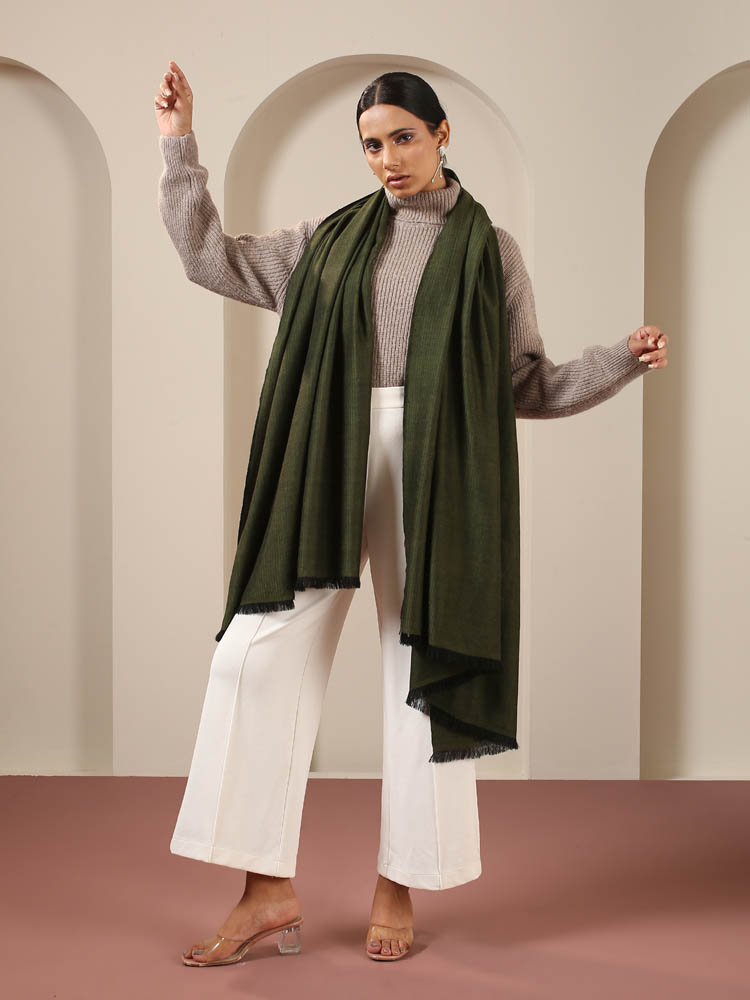 Handloom Pashmina Shawl Fishbone Weave - Bottle Green