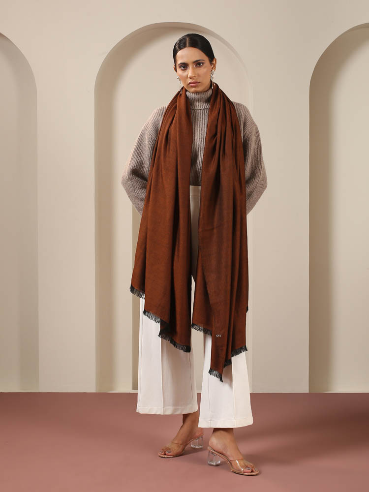 Handloom Pashmina Shawl Fishbone Weave - Cognac Brown