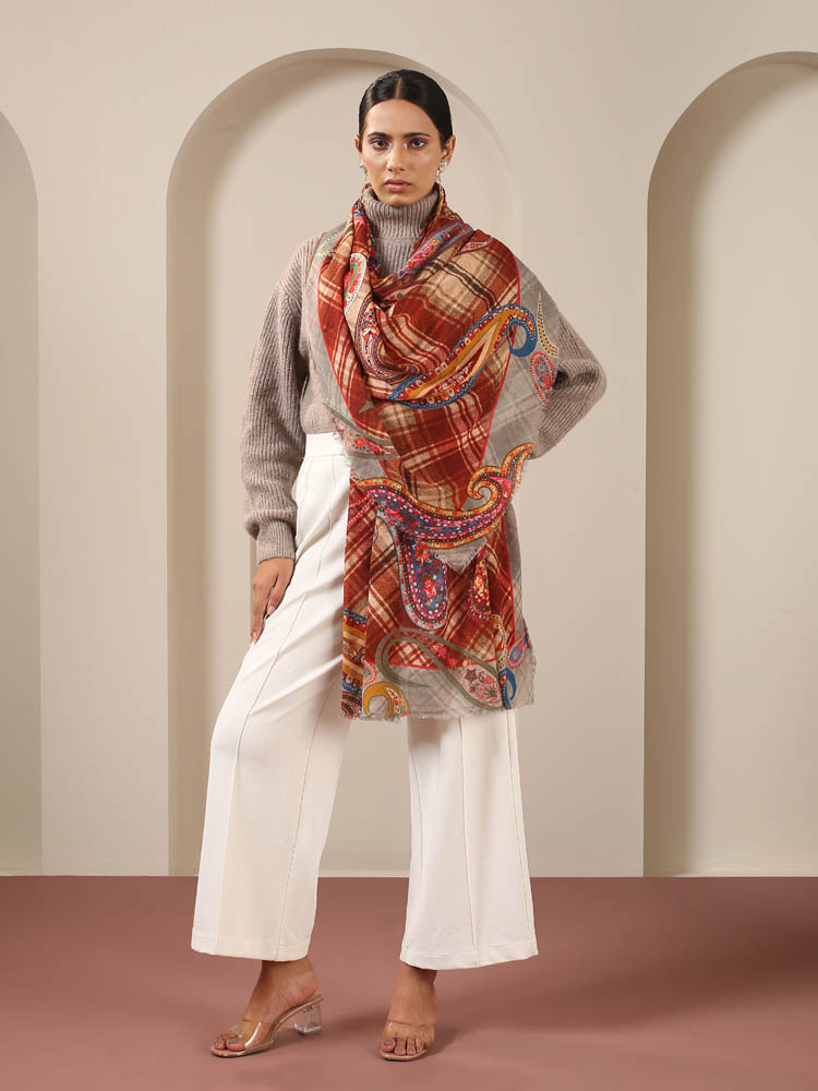 Paisley Fusion Checks Wool Stole/ Shawl - Multi