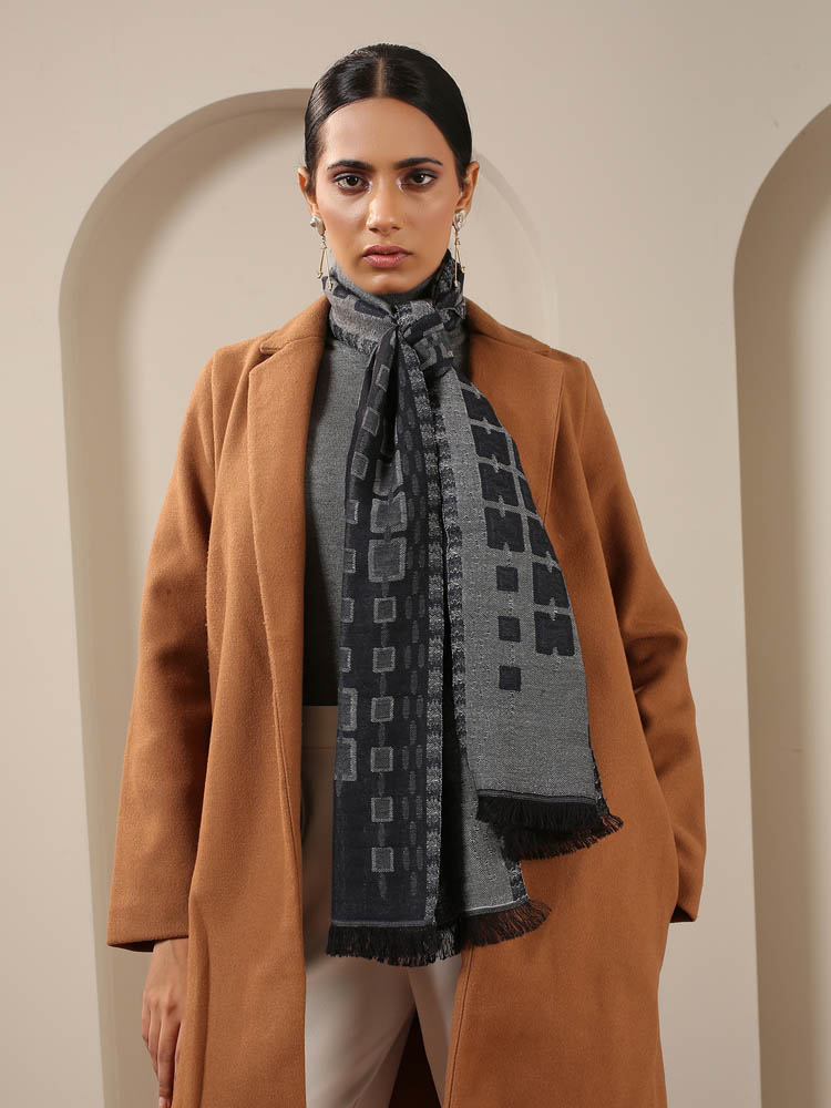 Varena Weaves Unisex Scarf/ Stole - Grey, Black