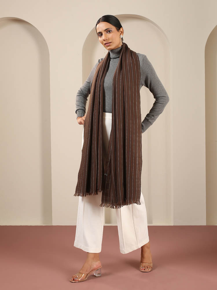 Classic Stripes Handloom Pashmina Stole/ Shawl - Pinecone Brown