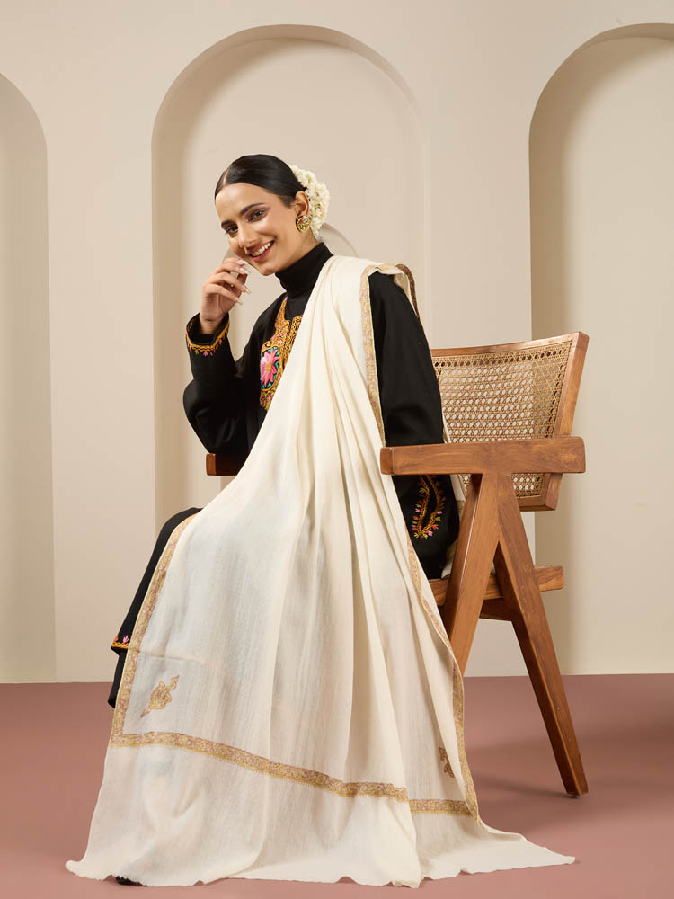 Lemon White Sozni Hand Emb Wool Shawl