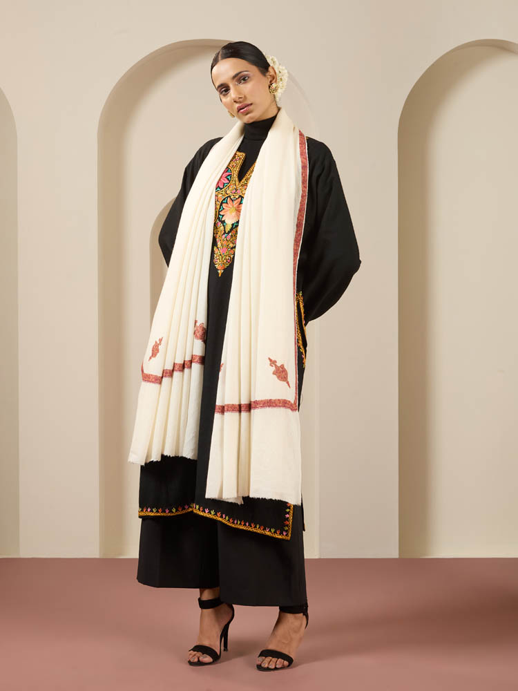 Cream Rust Sozni Hand Emb Wool Shawl