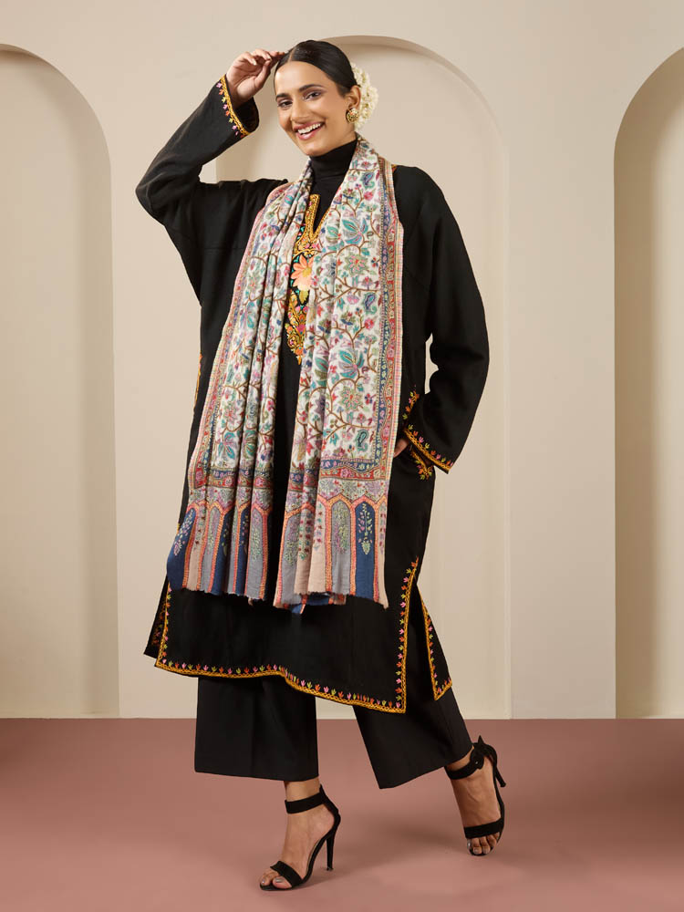 Kalamkari Jaali Fine Wool Stole - Offwhite, Multi
