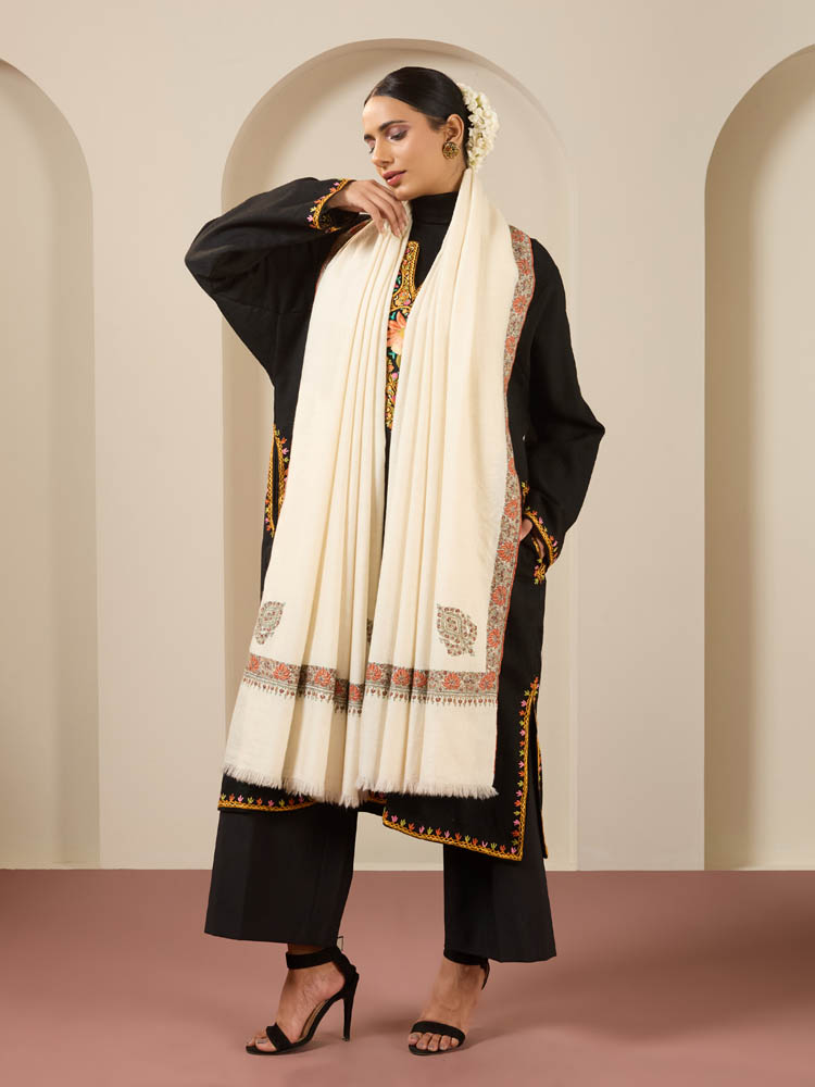 Kalpana Sozni Pashmina Shawl - Offwhite, Rust