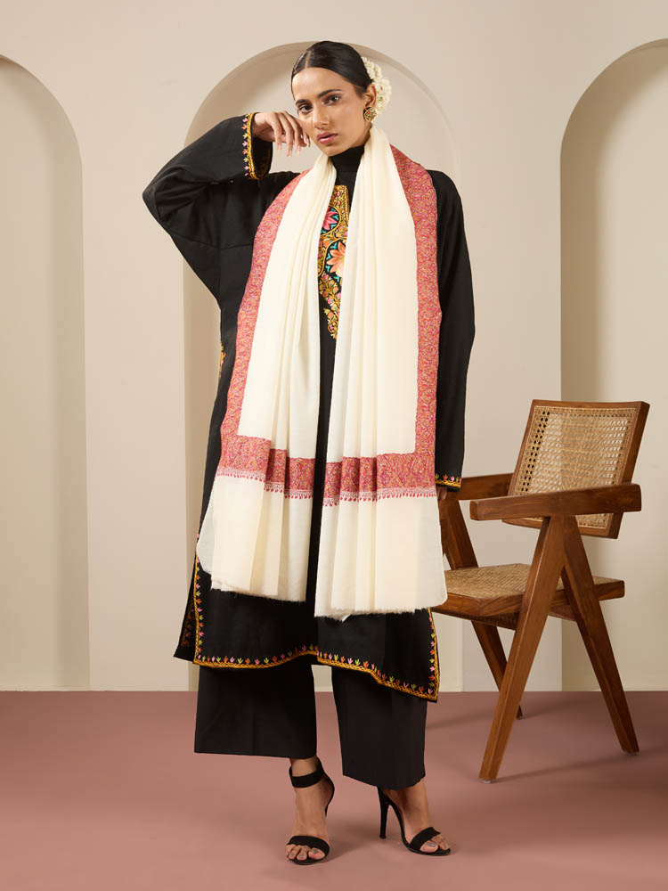 Sozni Dordaar Hand Emb Wool Shawl - Whisper White