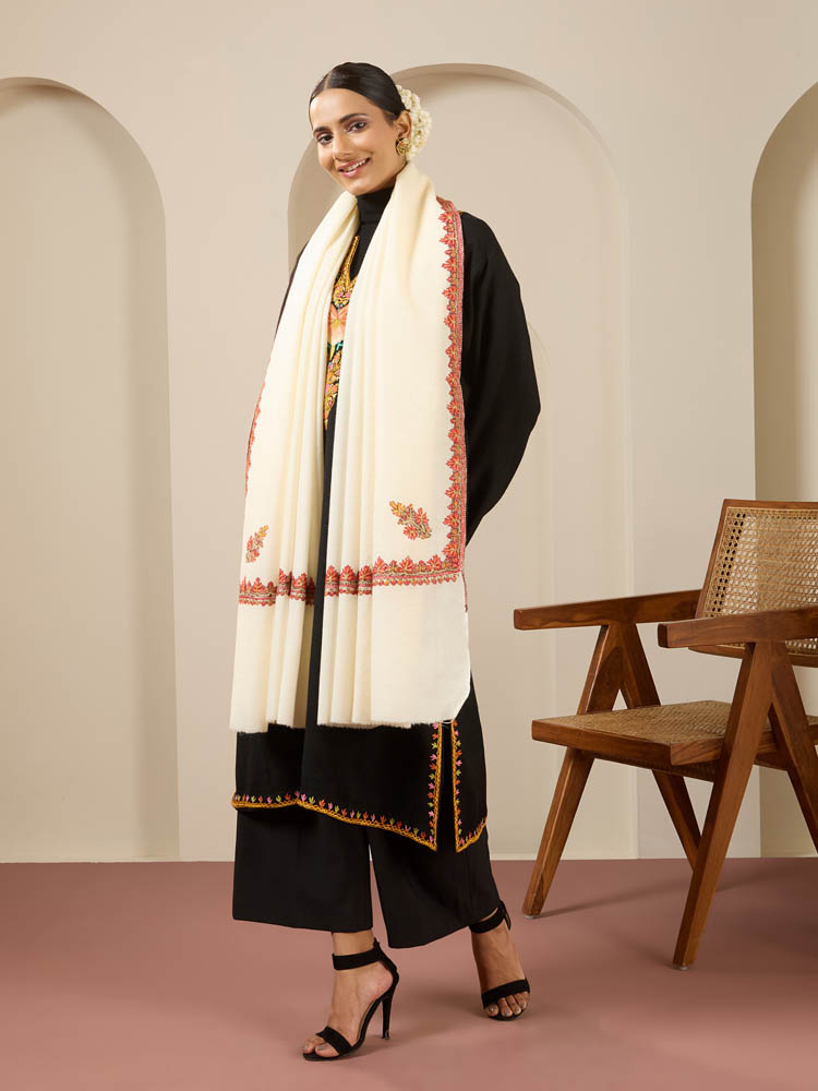 Chinar Buteh Sozni Daur Wool Shawl - Autumn White