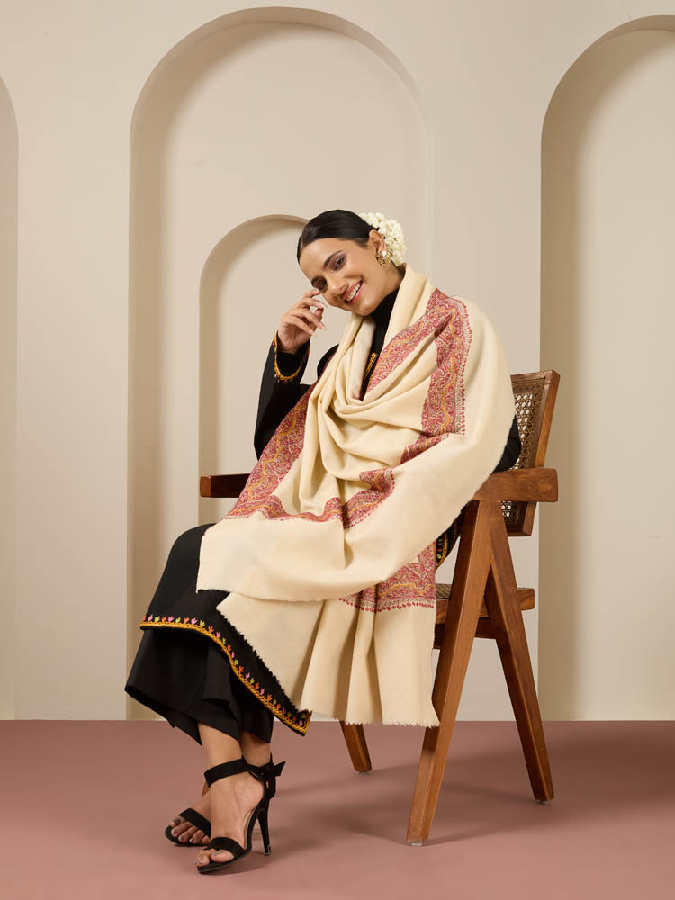 Sozni Dordaar Hand Emb Wool Shawl - Cloud, Multi